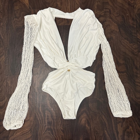 PatBO Plunge Netted Sleeve swimsuit - Picture 6 of 9